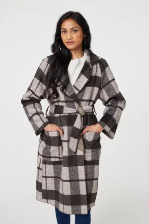 Checked Longline Coat with Belt