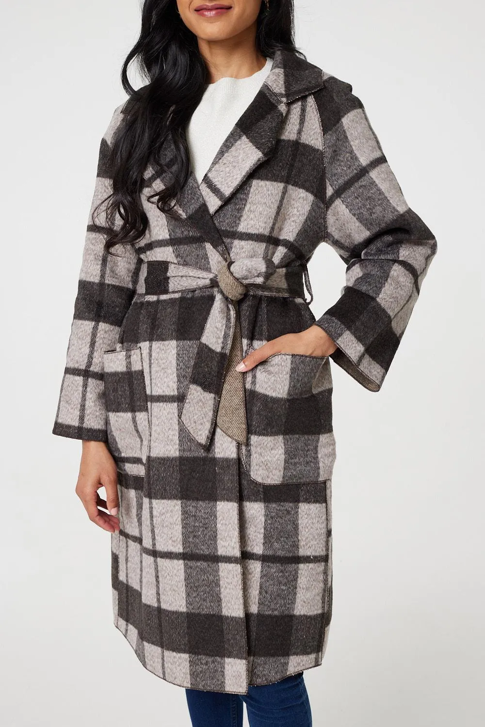 Checked Longline Coat with Belt