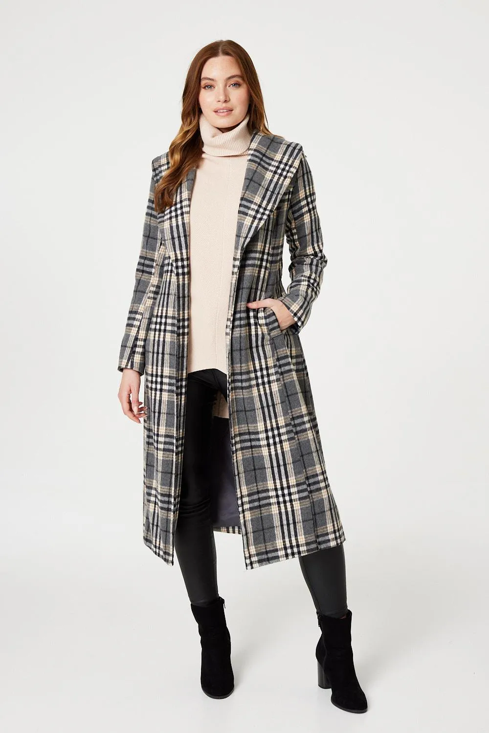 Checked Tie Waist Longline Coat