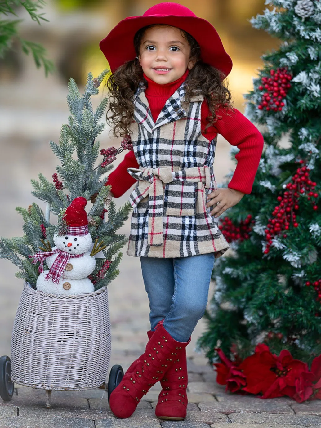 Chic Cozy Tan Plaid Belted Vest and Red Turtleneck Top Set