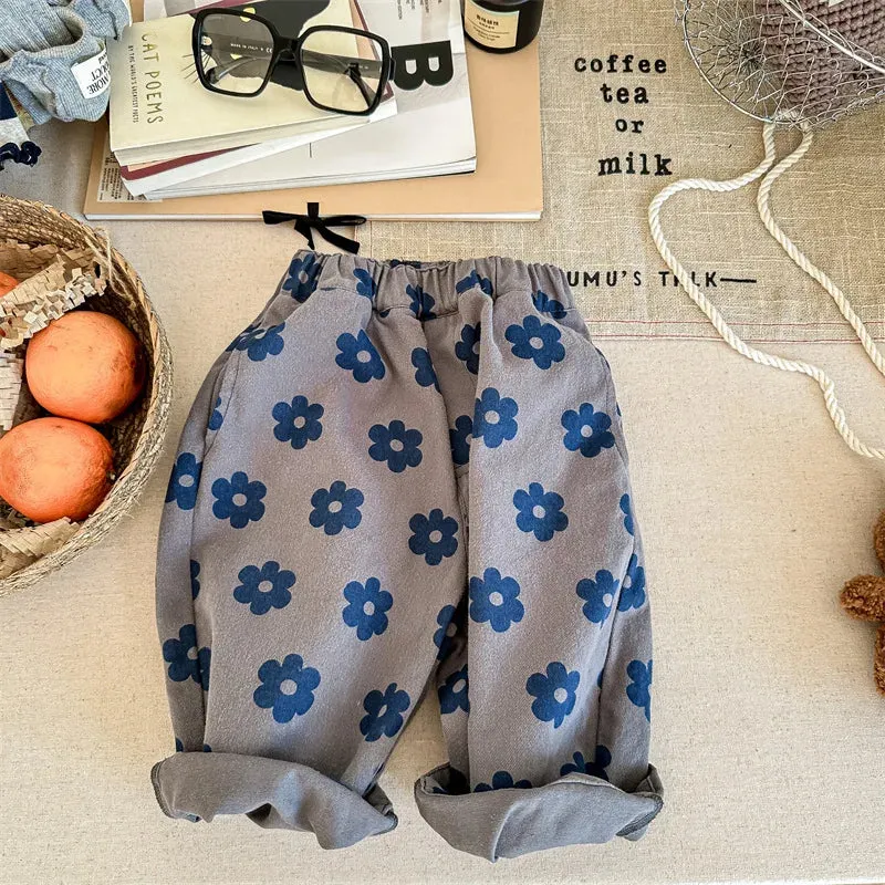 Children Fashion Flower Print Wide Leg Pants Autumn Costume Retro Boy Girl Baby Cotton Loose Outdoor All-match Casual Trousers