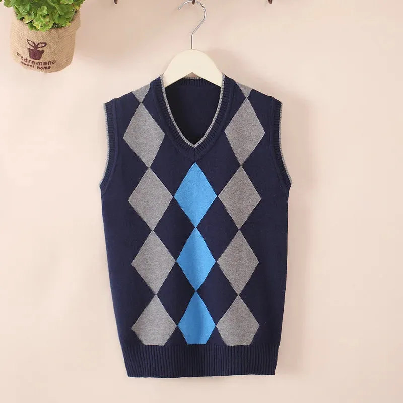 Chldren's School Uniform Vest Printed Plaid Design Kids Cotton Sleeveless V-Neck Waistcoat For Teen Boys 5-15 Years Clothes