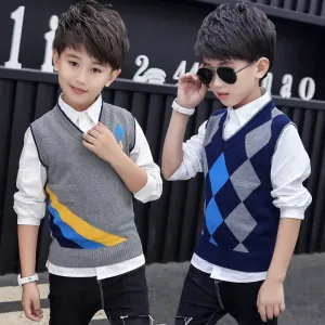 Chldren's School Uniform Vest Printed Plaid Design Kids Cotton Sleeveless V-Neck Waistcoat For Teen Boys 5-15 Years Clothes