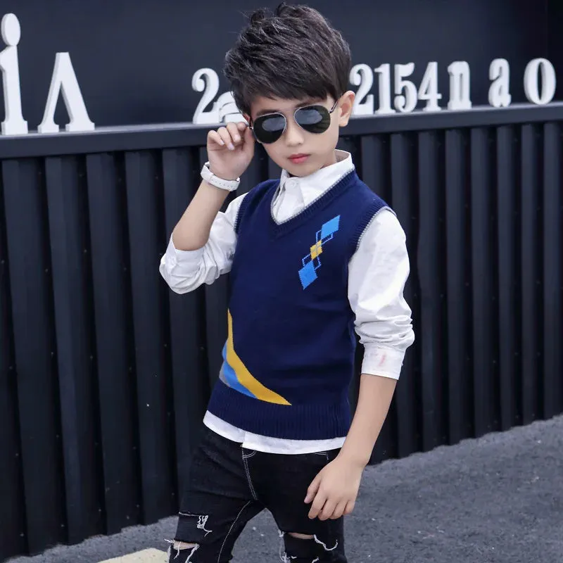 Chldren's School Uniform Vest Printed Plaid Design Kids Cotton Sleeveless V-Neck Waistcoat For Teen Boys 5-15 Years Clothes