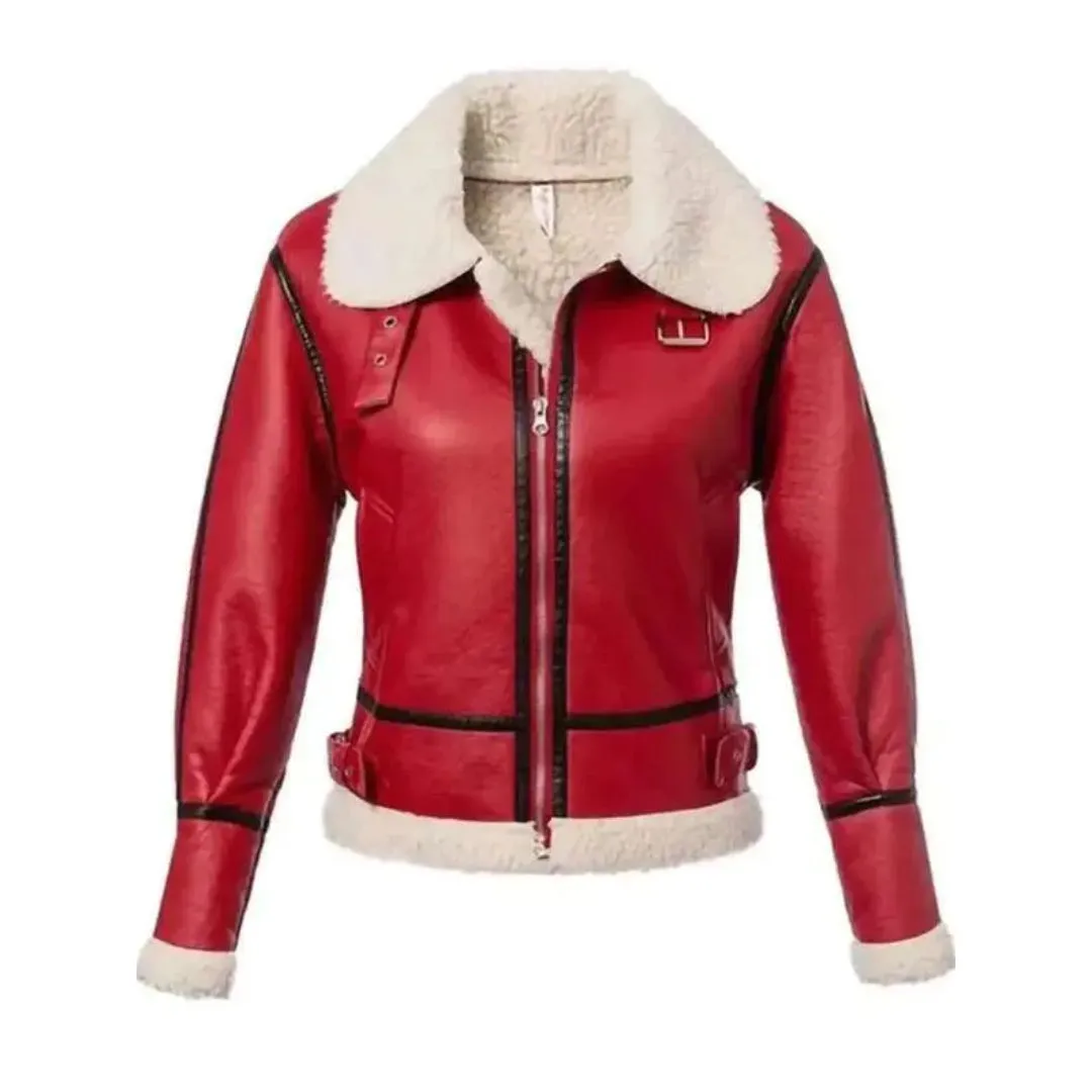 Christmas Red Shearling Leather Jacket