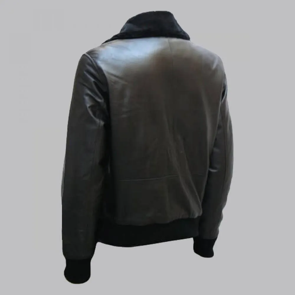 Classic Black Leather Bomber Jacket with Fur Collar