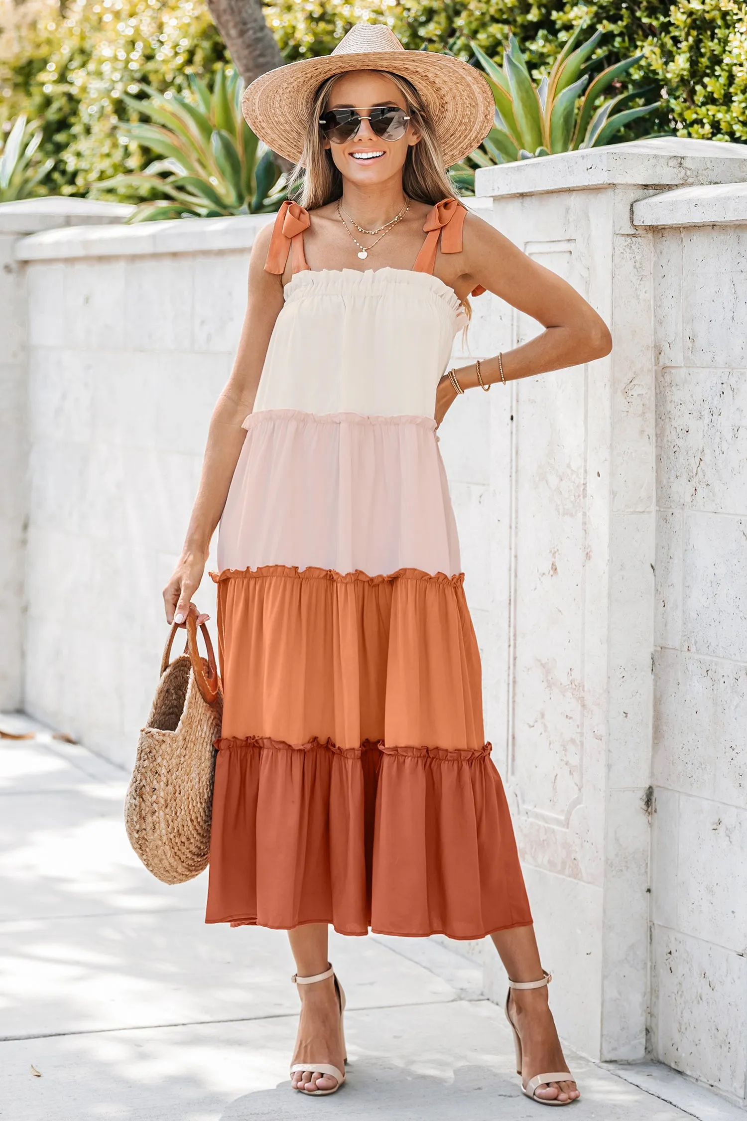 Colorblock Ruffled Tie Strap Maxi Dress