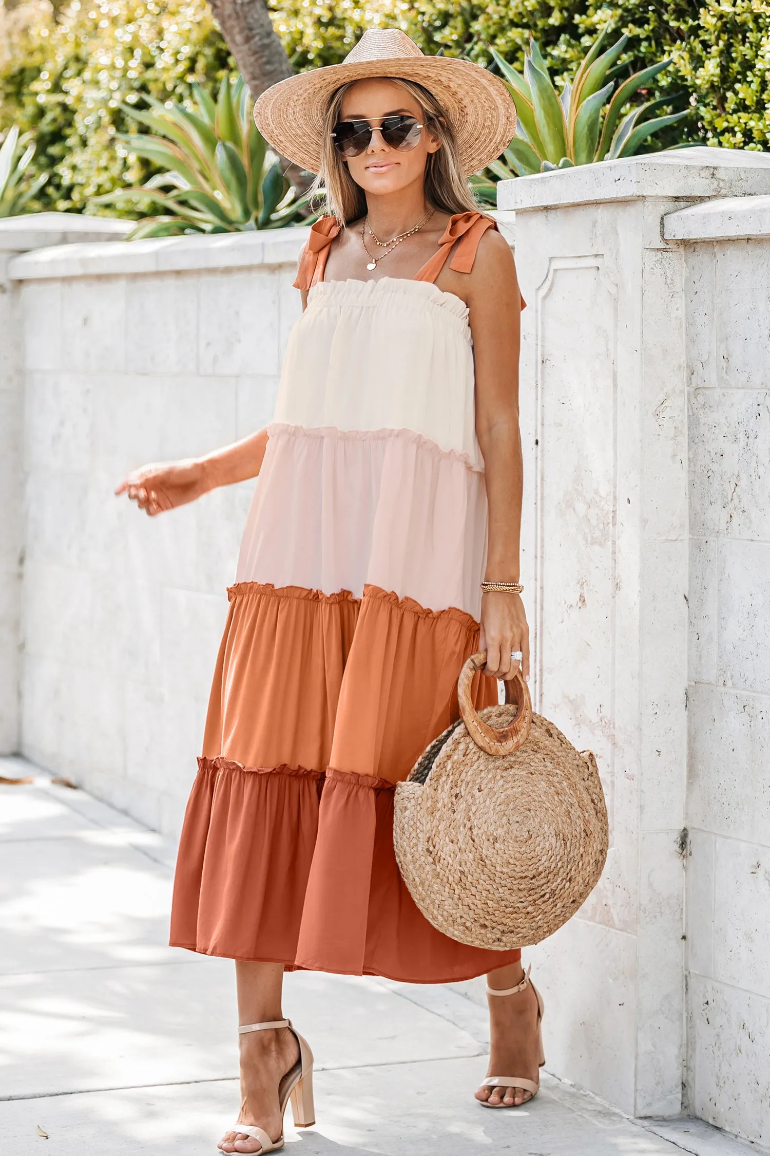 Colorblock Ruffled Tie Strap Maxi Dress