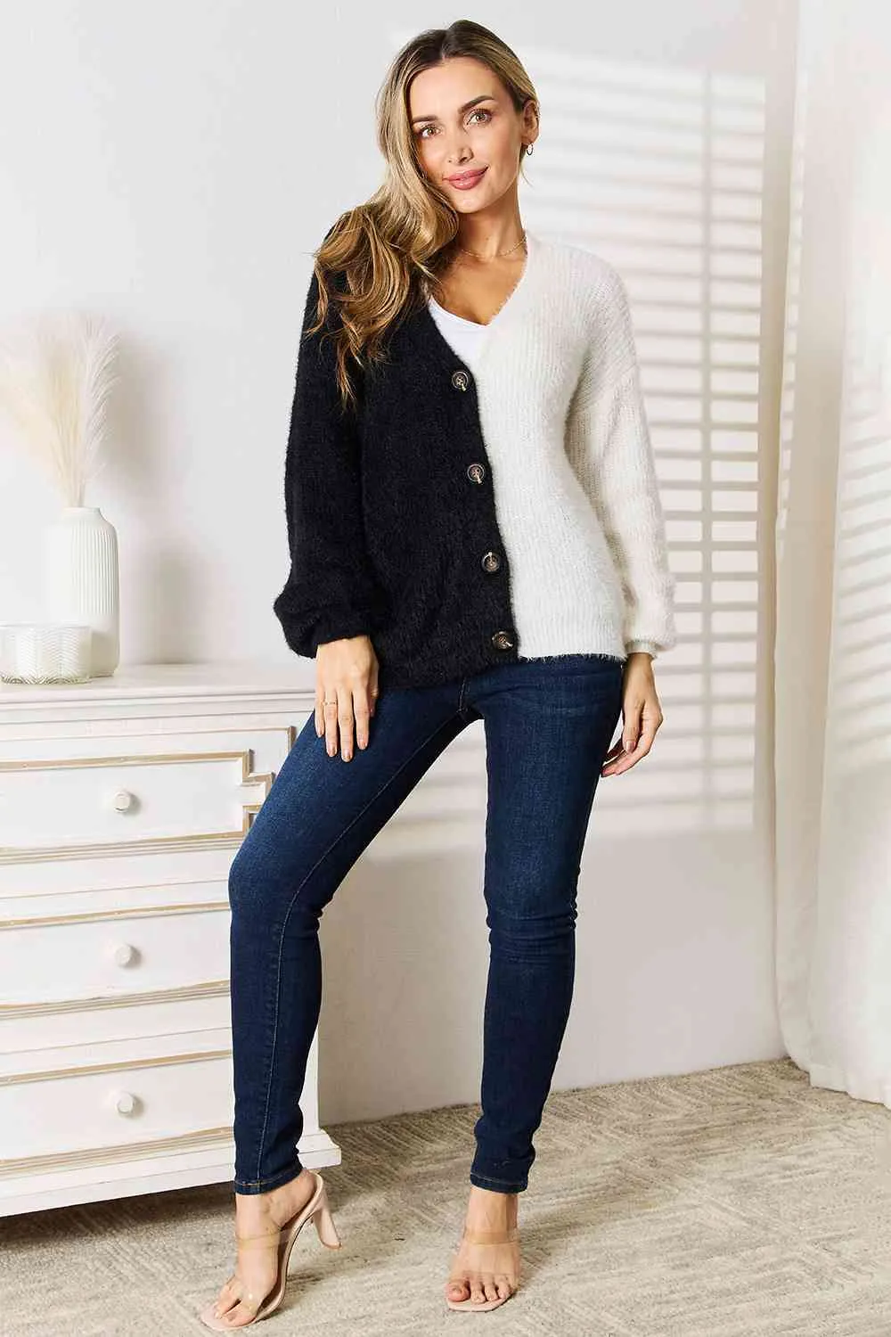 Contrast Button-Front V-Neck Cardigan