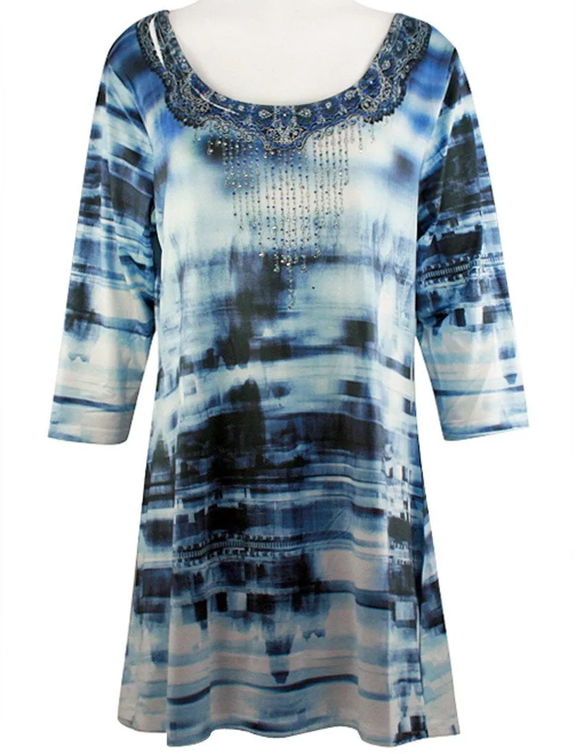 Creation - Raindrops, 3/4 Sleeve Scoop Neck Tie Dye Print Burnout Tunic Top