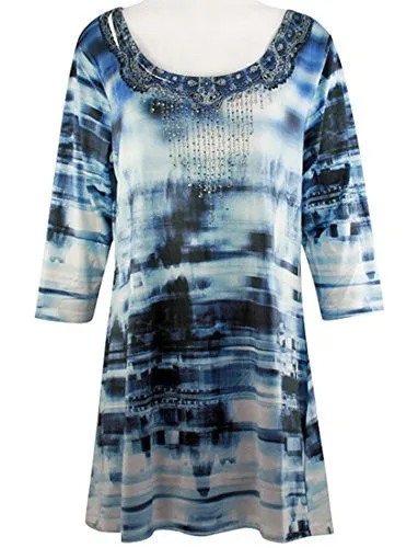 Creation - Raindrops, 3/4 Sleeve Scoop Neck Tie Dye Print Burnout Tunic Top