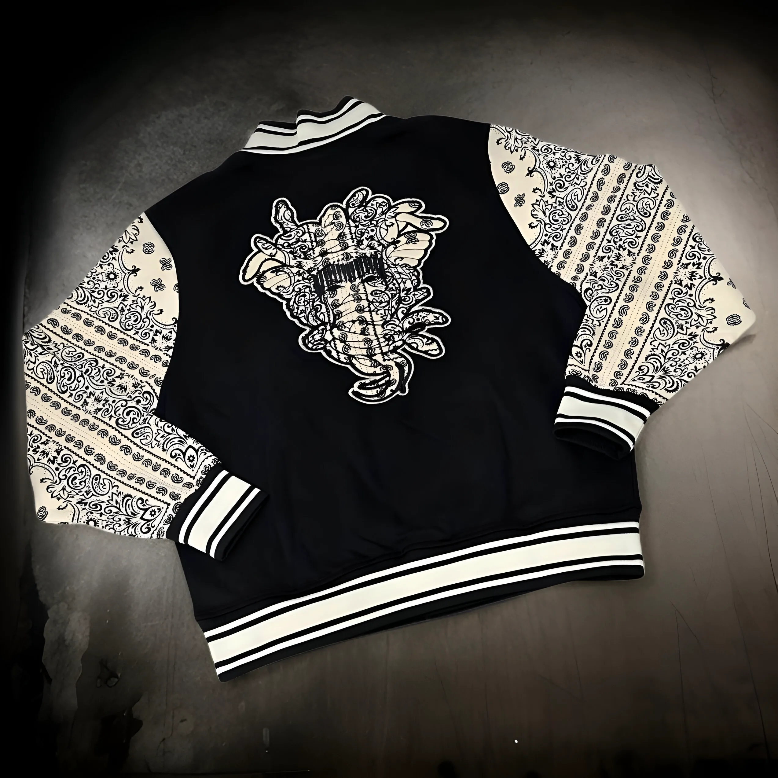 *CROOKS & CASTLES* (BLACK-CREAM) PAISLEY-BANDANA STYLE BUTTON UP BOMBER / VARSITY JACKETS