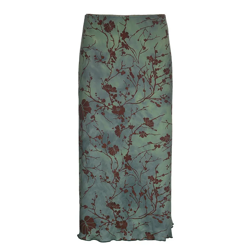 Darianrojas 90s fashion Chinese Style Artistic Retro Printed Straight Midi Skirt High Waist Lake Green Girl White All-Match Elegant Skirt