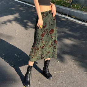 Darianrojas 90s fashion Chinese Style Artistic Retro Printed Straight Midi Skirt High Waist Lake Green Girl White All-Match Elegant Skirt