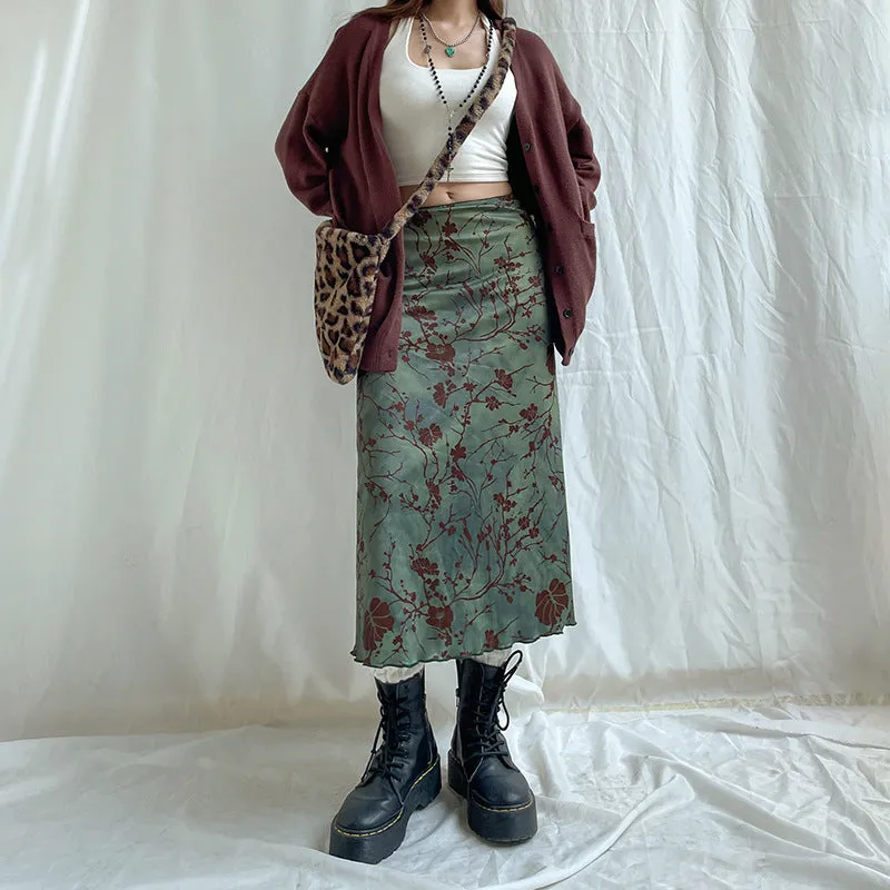 Darianrojas 90s fashion Chinese Style Artistic Retro Printed Straight Midi Skirt High Waist Lake Green Girl White All-Match Elegant Skirt