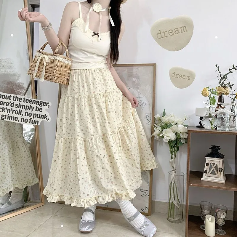 Darianrojas 90s fashion Young-Looking Wooden Ear Small Fresh Floral Skirt Women's Japanese Soft Girl Niche Super Sweet Stitching Cake Dress