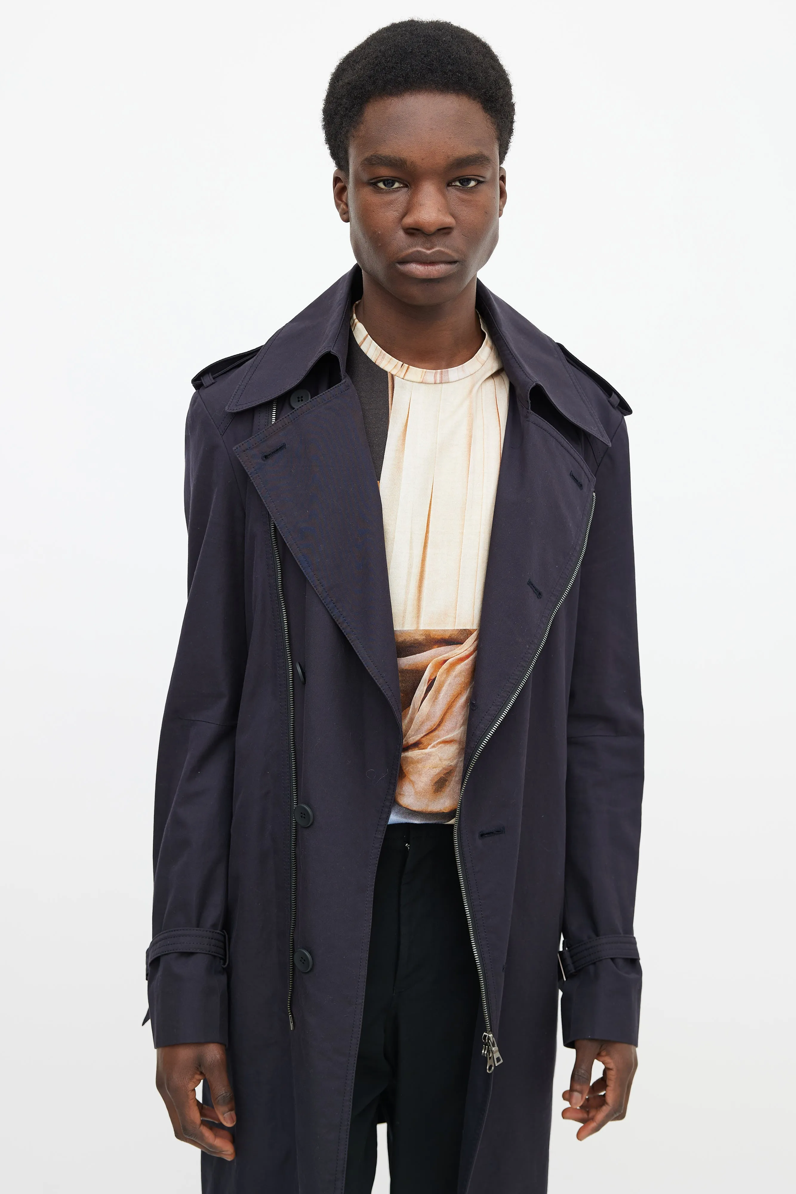 Dark Navy Cotton Waist Belt Asymmetrical Trench Coat