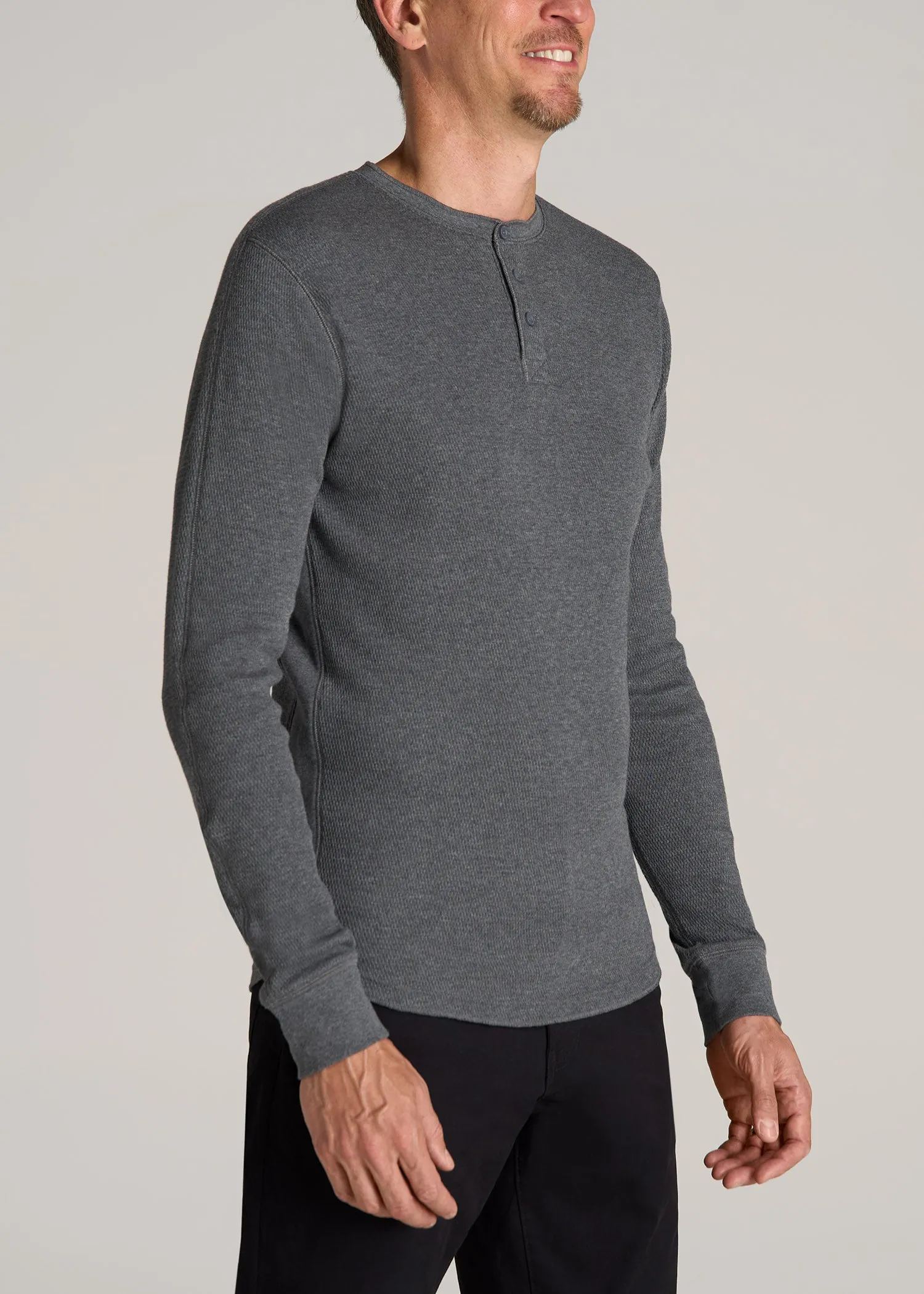 Double Honeycomb Thermal Long-Sleeve Henley Shirt for Tall Men in Charcoal Mix