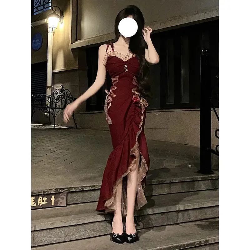 Dressed Women's Summer New Retro Pure Desire Splicing Suspended Dress Spicy Girl Slim Fit Sexy Split Mid Length