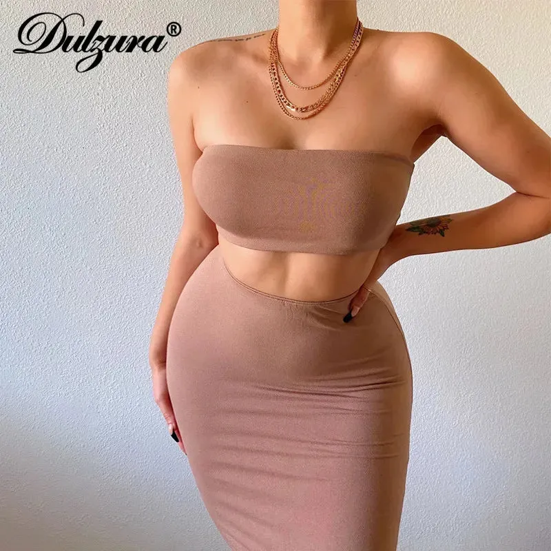 Dulzura Solid Women 2 Piece Set Tube Crop Top Midi Skirt Bodycon Sexy Streetwear Party Club Elegant Matching Co Ords 2021 Summer