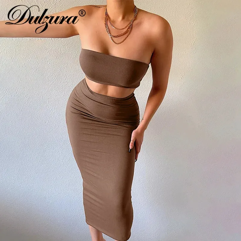 Dulzura Solid Women 2 Piece Set Tube Crop Top Midi Skirt Bodycon Sexy Streetwear Party Club Elegant Matching Co Ords 2021 Summer