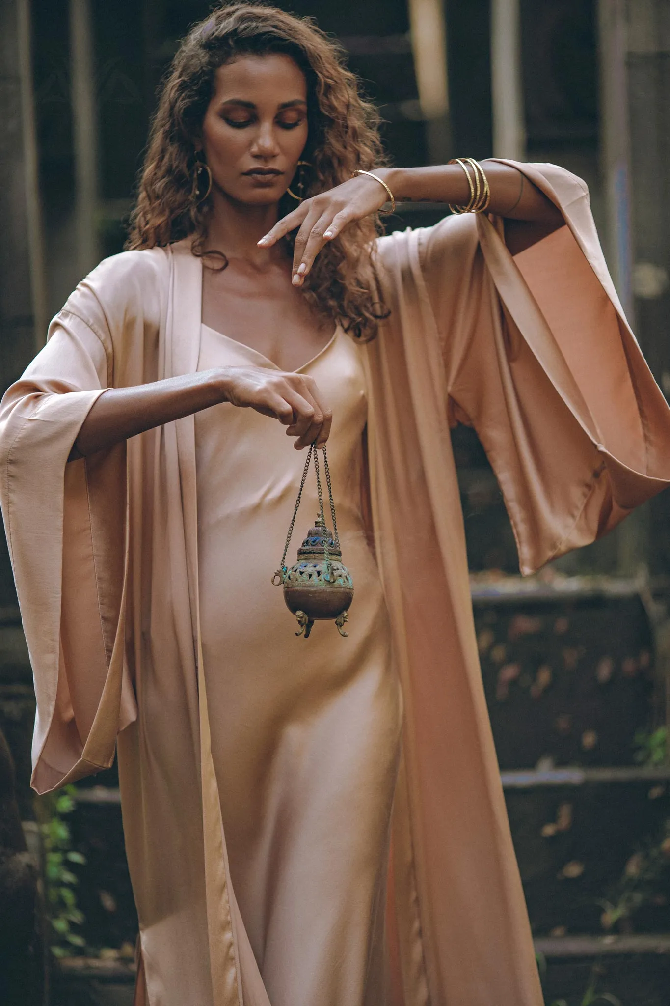 Dusty Pink Silk Robe • Bohemian Kaftan Cardigan • Long Cape for Women