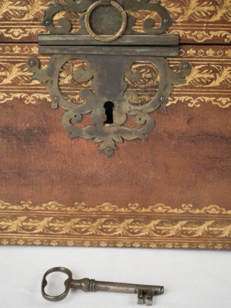 Early 18th-century French gilt & embossed leather document case w/ key 7"