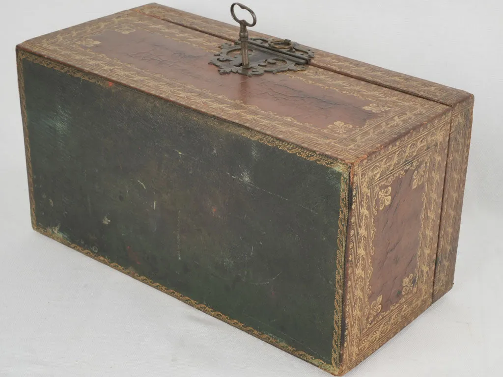 Early 18th-century French gilt & embossed leather document case w/ key 7"