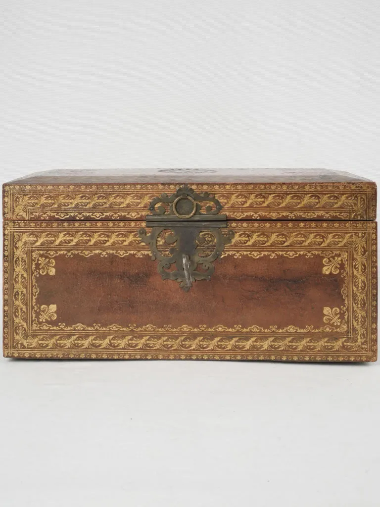 Early 18th-century French gilt & embossed leather document case w/ key 7"