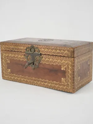 Early 18th-century French gilt & embossed leather document case w/ key 7"