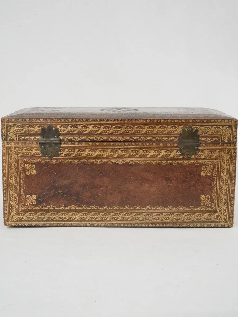 Early 18th-century French gilt & embossed leather document case w/ key 7"