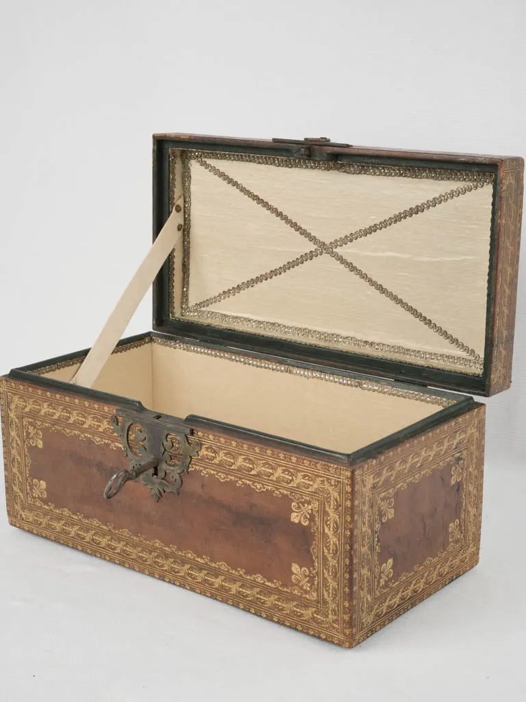 Early 18th-century French gilt & embossed leather document case w/ key 7"