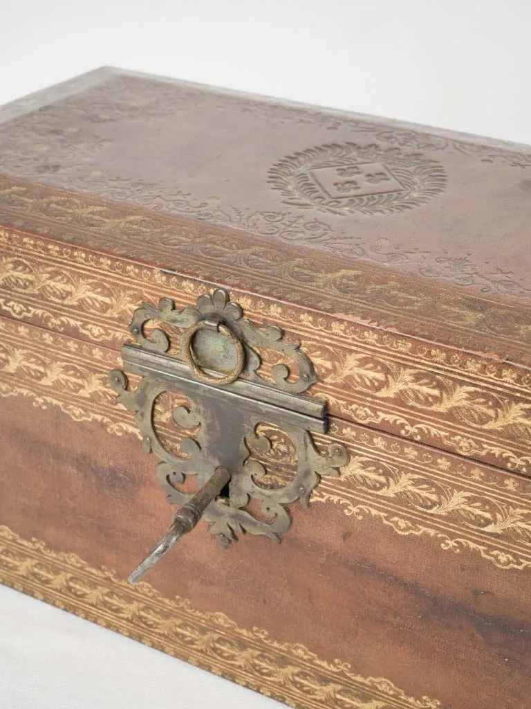 Early 18th-century French gilt & embossed leather document case w/ key 7"