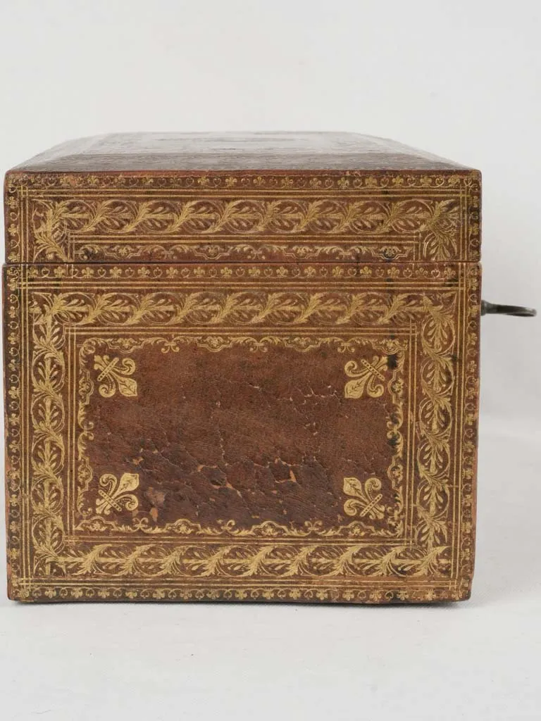 Early 18th-century French gilt & embossed leather document case w/ key 7"