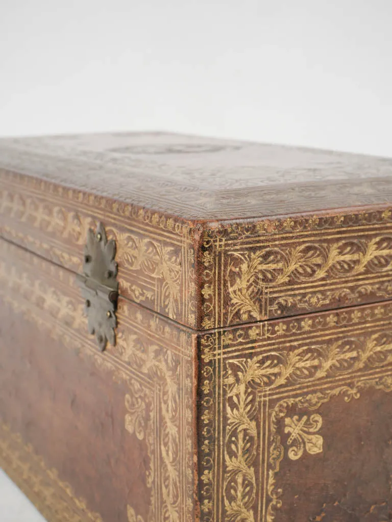 Early 18th-century French gilt & embossed leather document case w/ key 7"