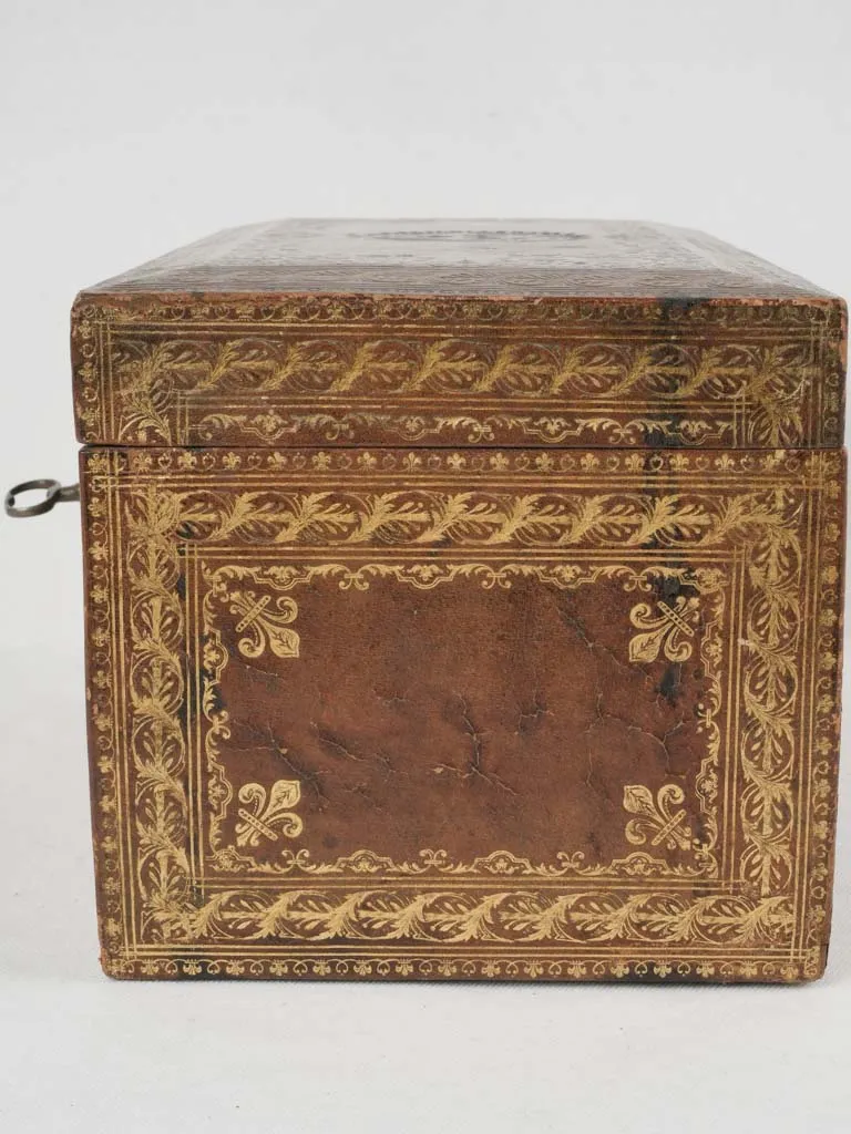 Early 18th-century French gilt & embossed leather document case w/ key 7"