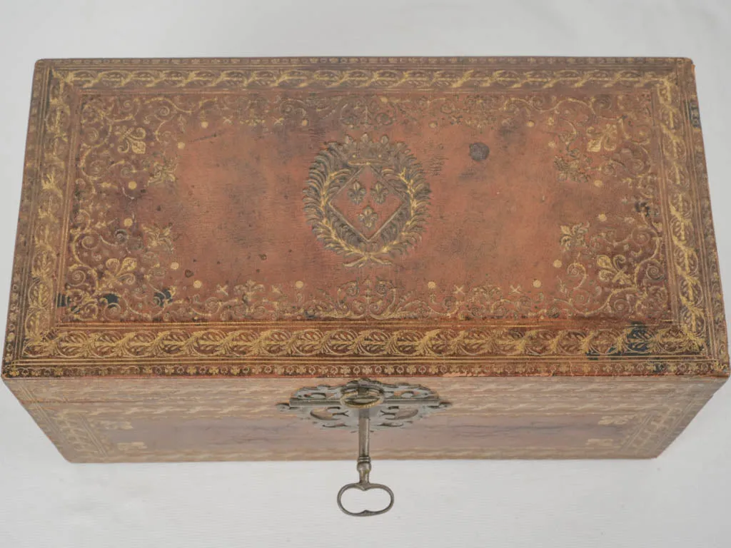 Early 18th-century French gilt & embossed leather document case w/ key 7"