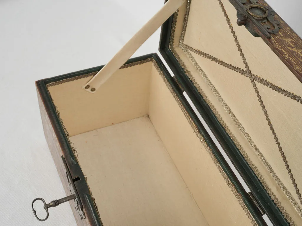 Early 18th-century French gilt & embossed leather document case w/ key 7"