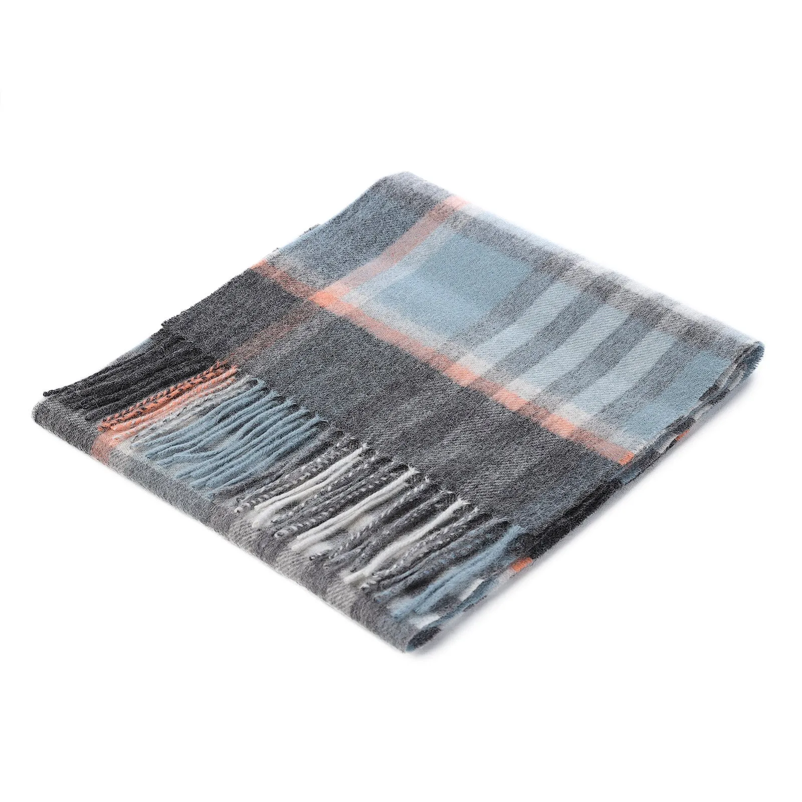 Edinburgh 100% Lambswool Scarf  Chequer Orange Grey L Blue (24534)