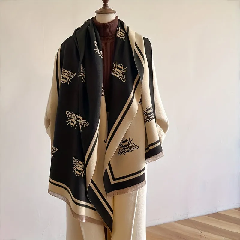 Elegant Bee-Jacquard Fringed Scarf | Imitation Cashmere | Warm, Sun-Proof, Durable Winter Accessory