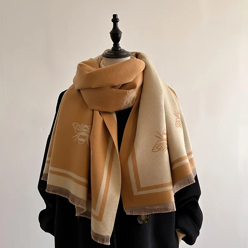 Elegant Bee-Jacquard Fringed Scarf | Imitation Cashmere | Warm, Sun-Proof, Durable Winter Accessory