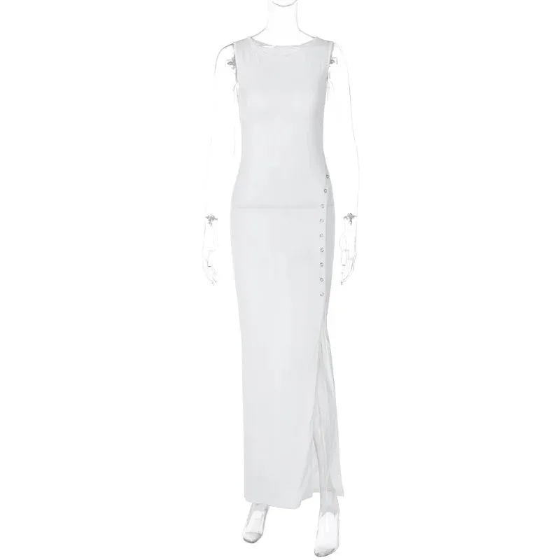 Elegant Solid Vestido Midi Dress with Knitted Sleeveless Slit