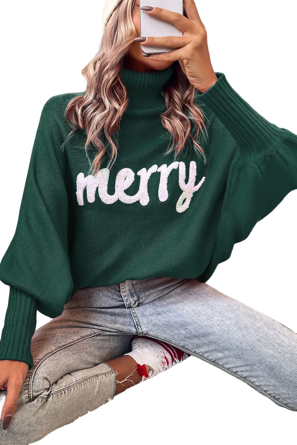 Embroidered Merry Turtleneck Sweater