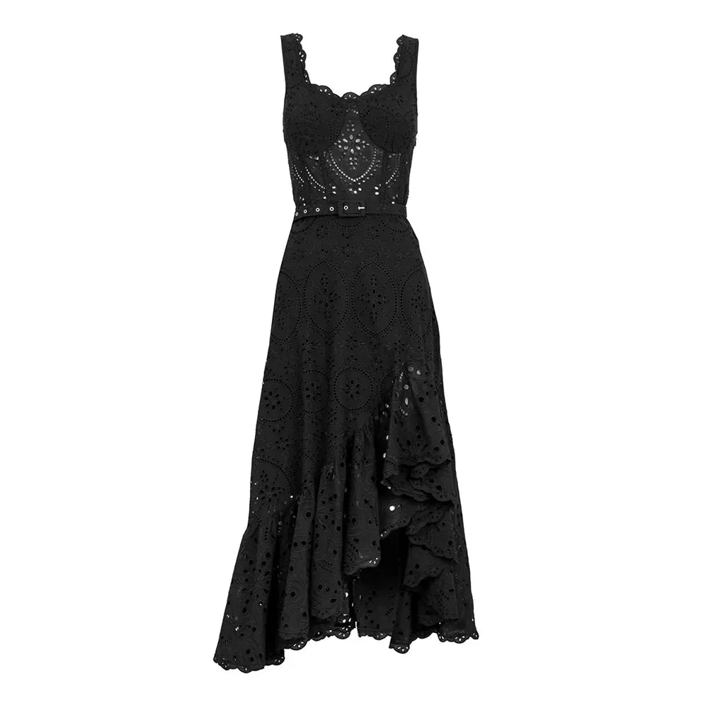 Embroidery Hollow Out Printing Dresses For Women Square Collar Sleeveless High Waist Irregular Hem A Line Midi Dress Female