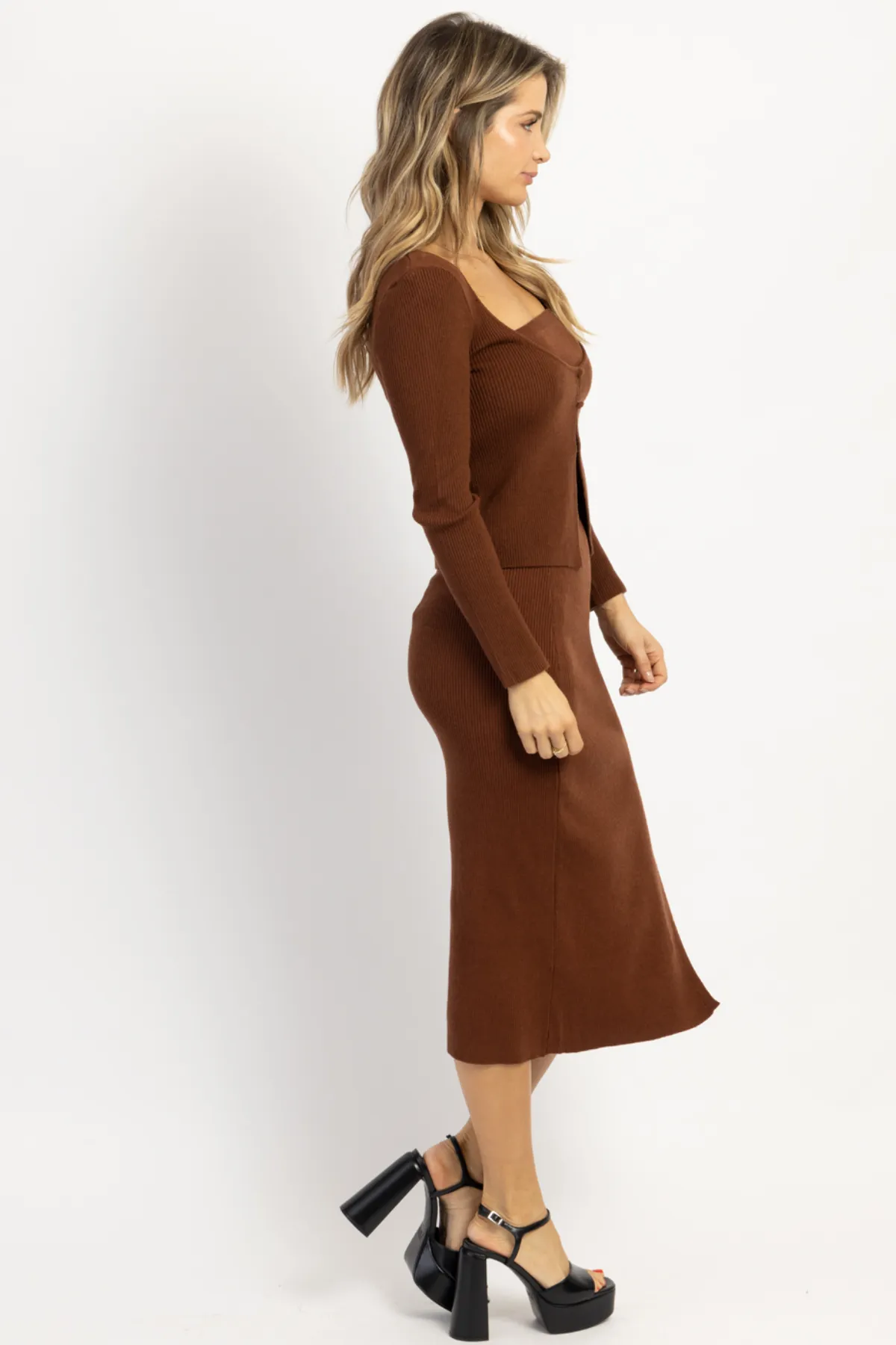 EVIE MOCHA CARDI   MIDI 3 PIECE SET