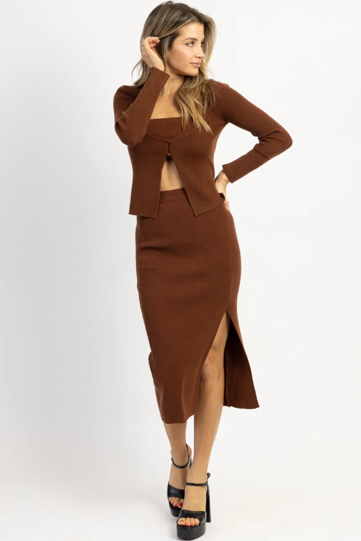 EVIE MOCHA CARDI   MIDI 3 PIECE SET