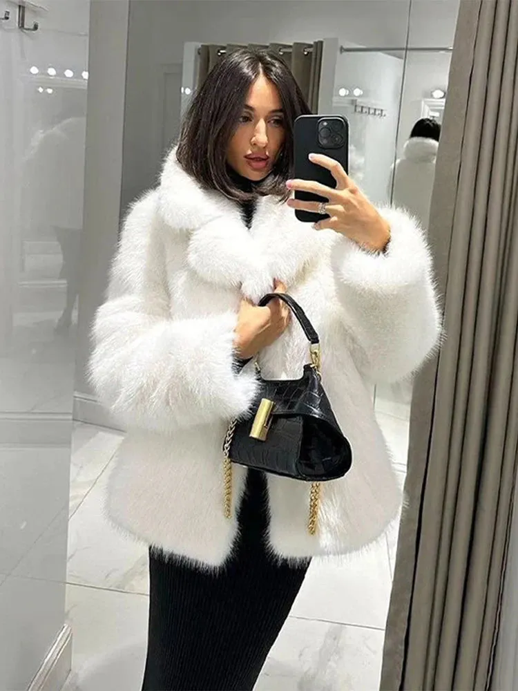 Fashionkova Fluffy Faux Fur Coat Women Thick Warm Turn-down Collar Button Fashion Outerwear Luxury Top 2024 Winter Chic Lady Street Overcoat