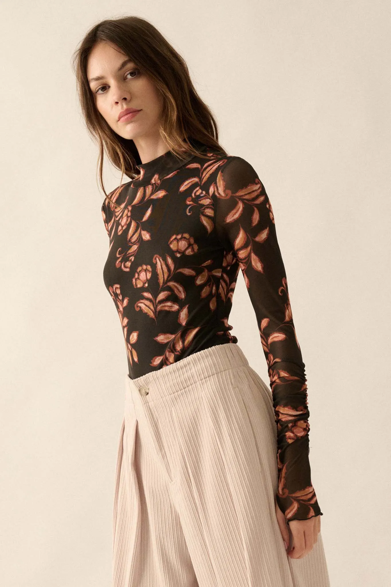 Festive Fall Floral Mesh Thumbhole Bodysuit