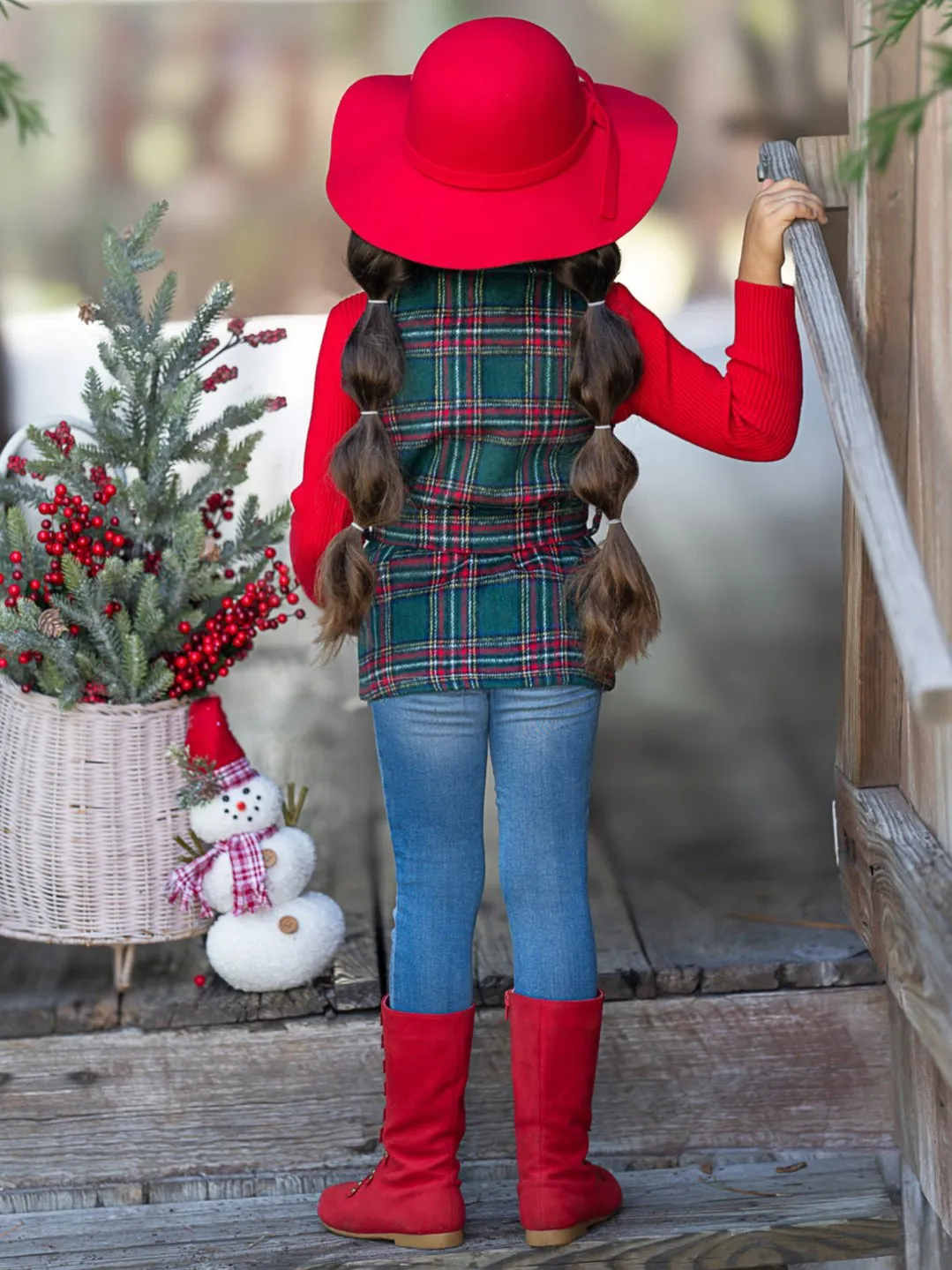 Festive Flair Plaid Belted Vest and Red Turtleneck Top Set