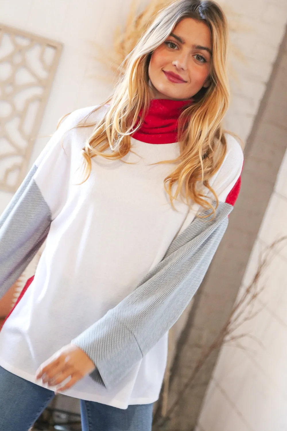 Festive Hacci Color Block Jacquard Wide Sleeve Turtleneck